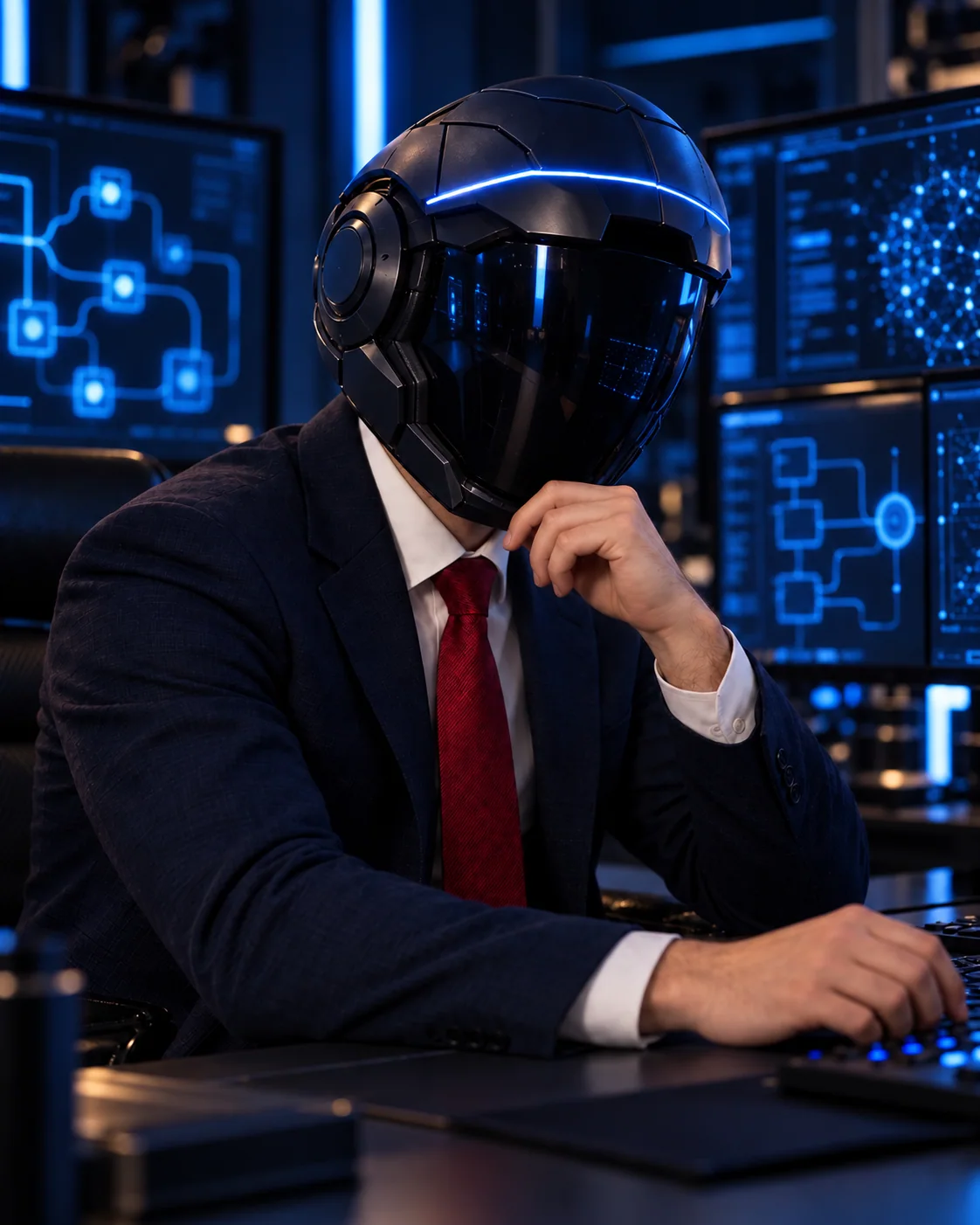 Côté machine : un visage sous un casque à visière fermée, devant un poste de travail